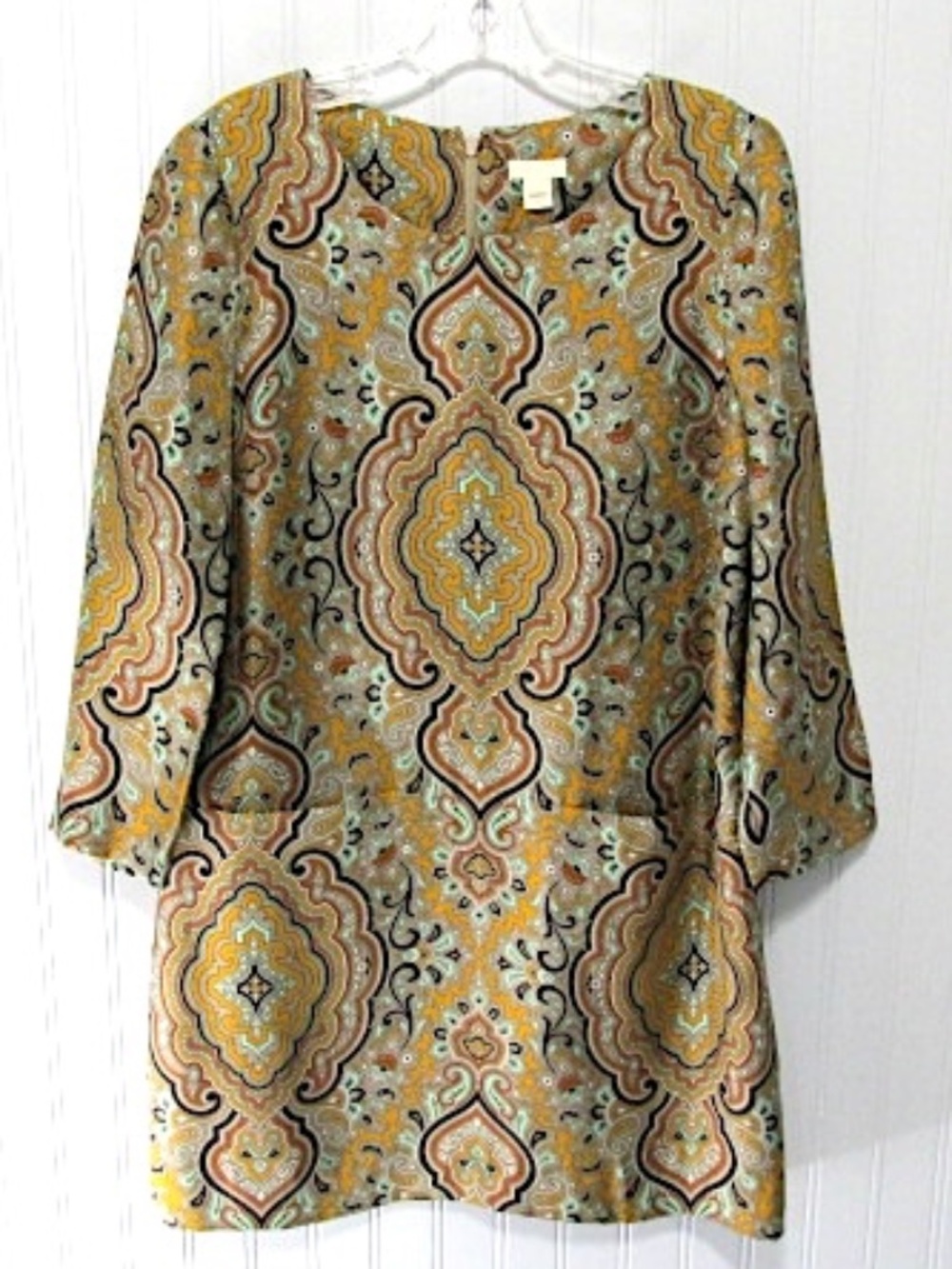 J.Crew VTG Tan Brown Gold Paisley 3/4 Sleeve Tunic Dress, Size 6